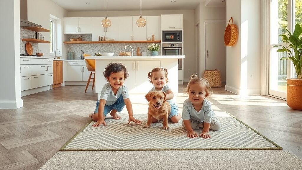 Trending residential flooring with waterproof luxury vinyl, wall tile, and eco-friendly rug in St. Charles MO family home