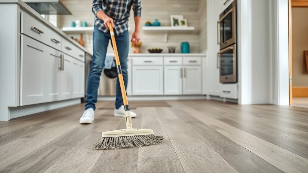 Routine vinyl plank cleaning Missouri - homeowner sweeping luxury vinyl plank kitchen floor with soft-bristle broom