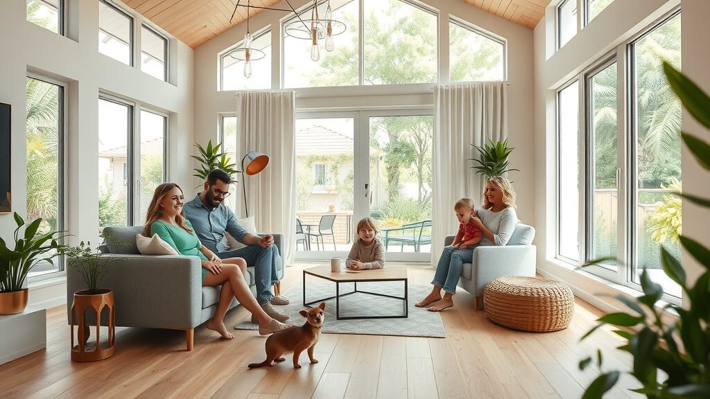 Bright modern living room with eco-friendly bamboo and cork flooring, smiling family enjoying the space, natural color palette, friendly flooring solutions