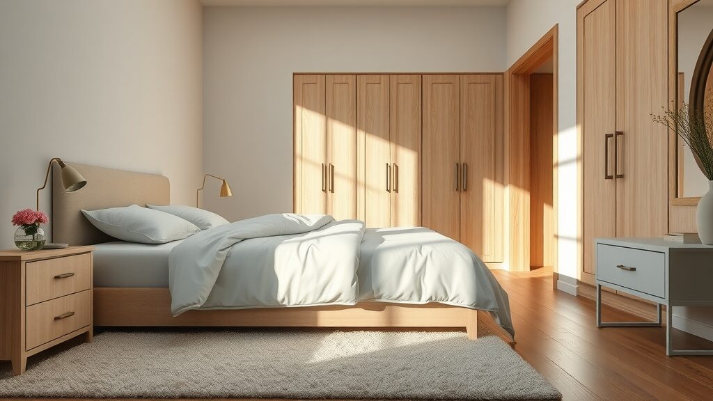 serene bedroom with carpeted area under bed and hardwood floor near wardrobe, showing lifestyle options for comfort