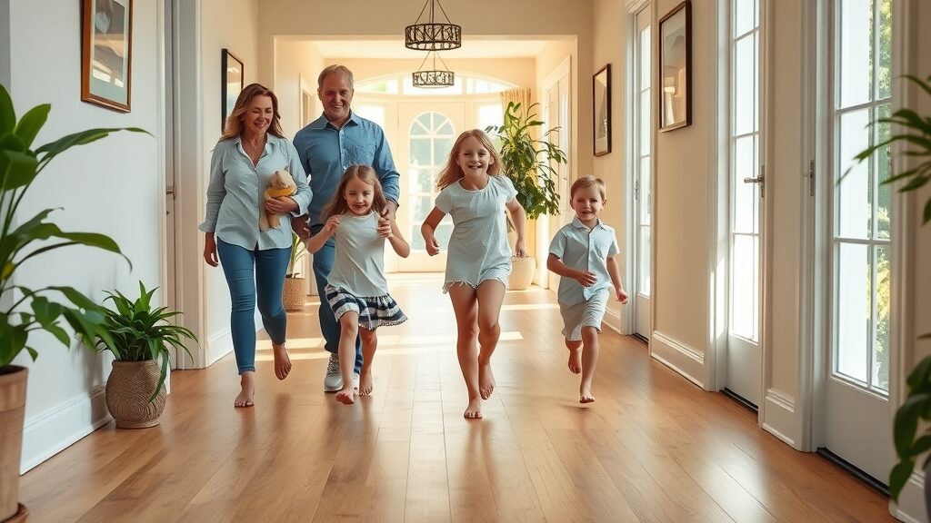 Busy St. Charles MO family walking across hardwood floors in a sunny hallway, children running barefoot, parents watching, light oak flooring. Wood floor traffic evaluation.