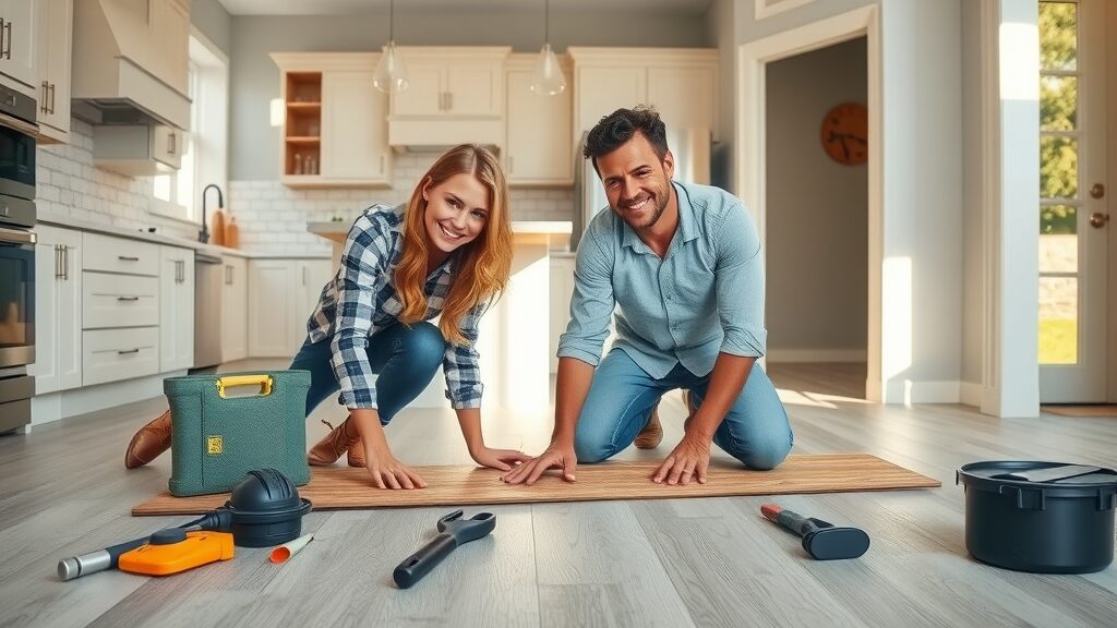 St. Charles MO couple installing vinyl plank flooring in kitchen, showing affordability and style