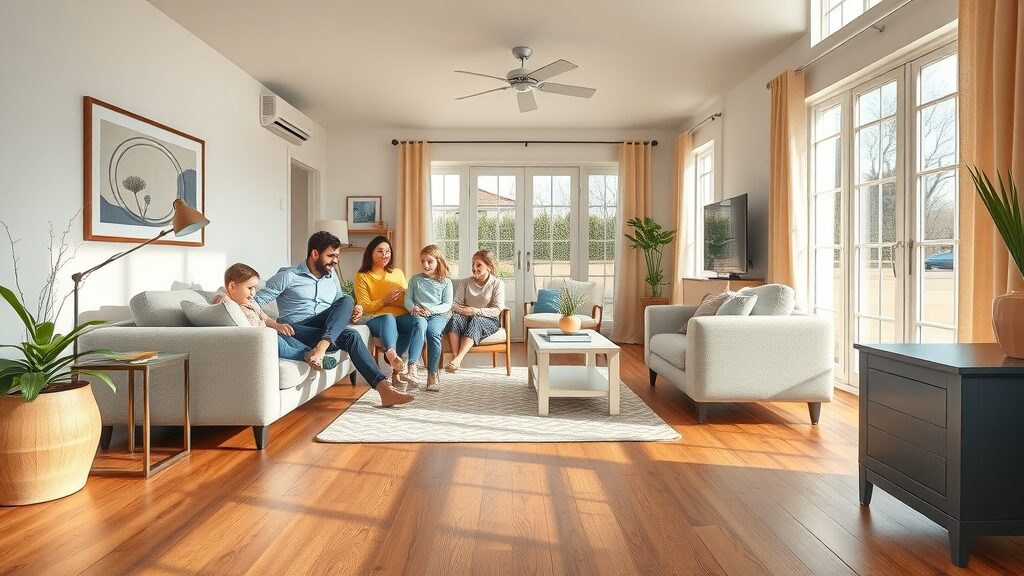 Inviting family living room with pristine hardwood and luxury vinyl flooring in St. Charles MO, cheerful atmosphere, sunlit open floor plan, decorative furniture, natural wood grain textures