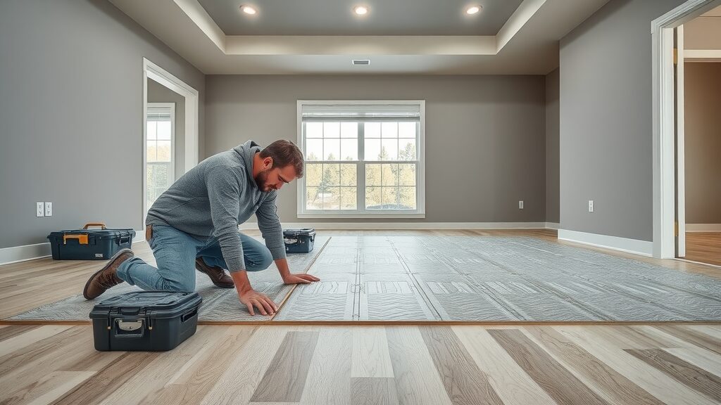 Skilled installers preparing a St. Charles MO home for hardwood floor installation, laying underlayment on cleared floor, precise measuring, professional setup, flooring installation experts MO area.