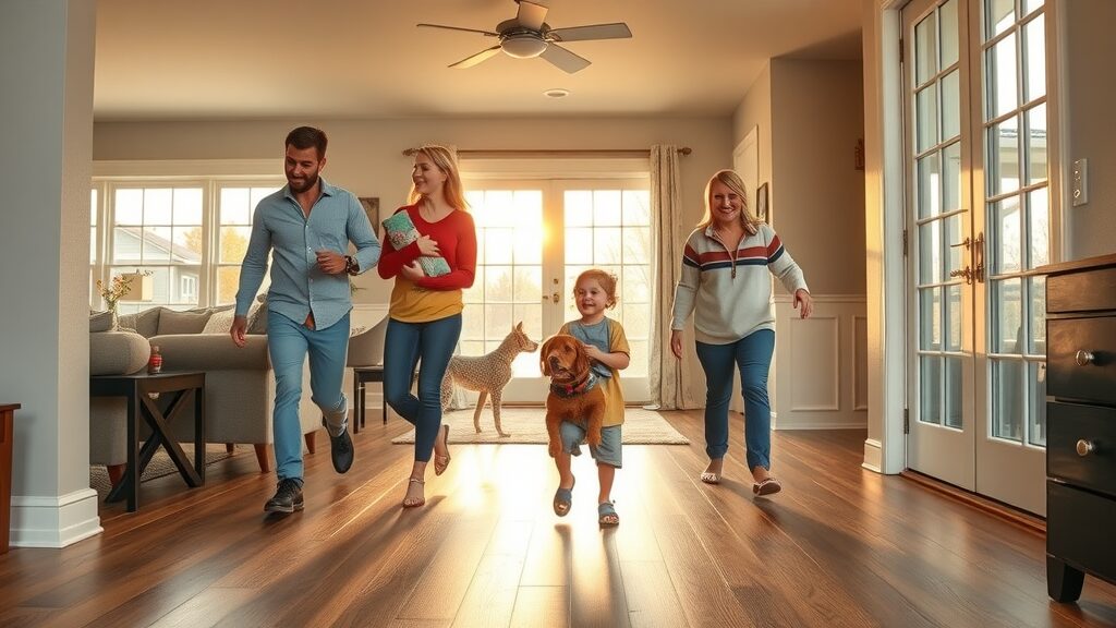 Happy Missouri family enjoying 5-star flooring upgrade in sunlit home