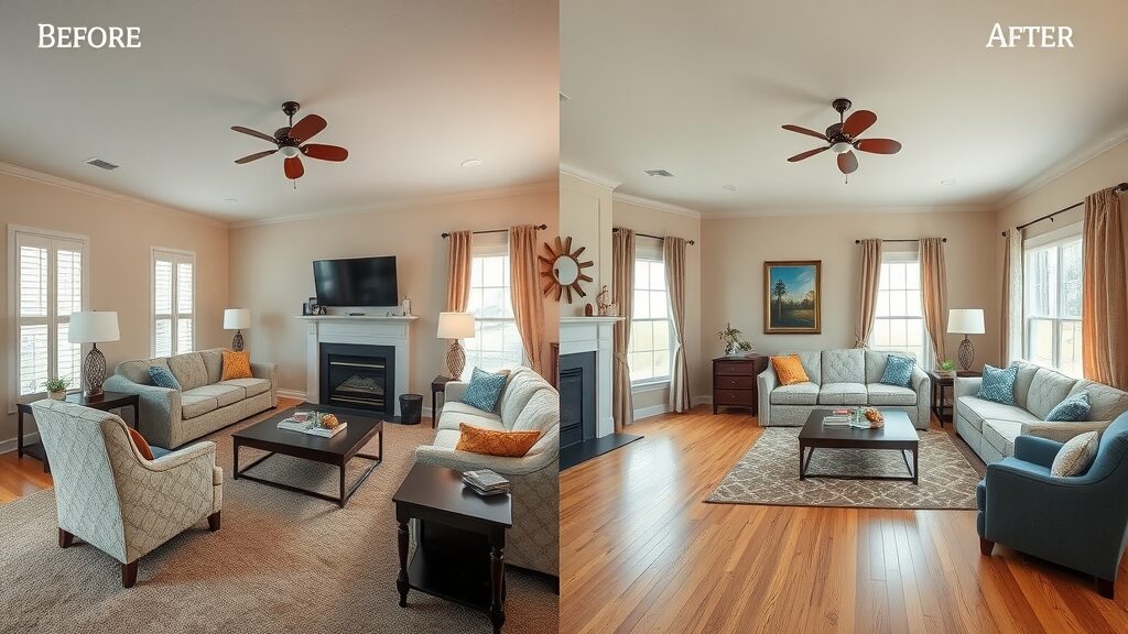 Before-and-after split image St. Charles MO living room, left side with worn carpet, right side with new hardwood floor, clear vibrant wood hues, high detail transformation flooring installation MO area.