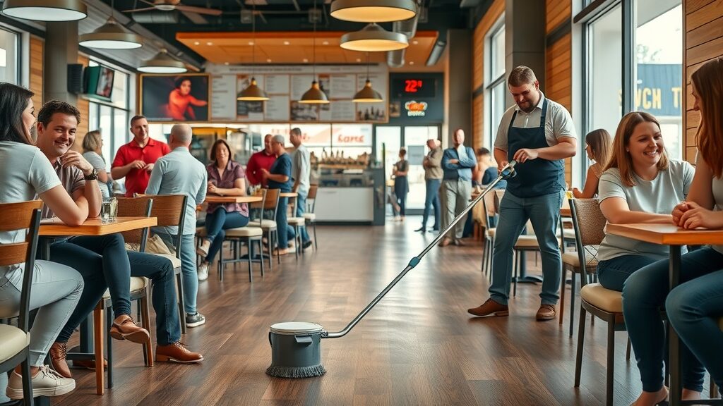 Missouri restaurant staff easily cleaning durable vinyl plank floor, happy customers in background