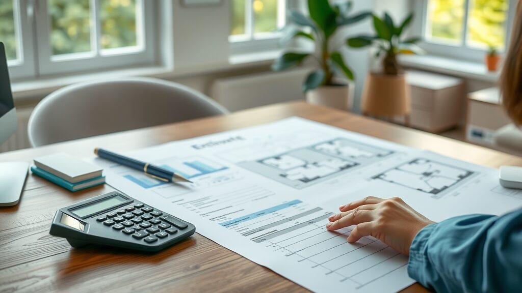 flooring estimate paperwork with plans and calculator in a Saint Charles home office