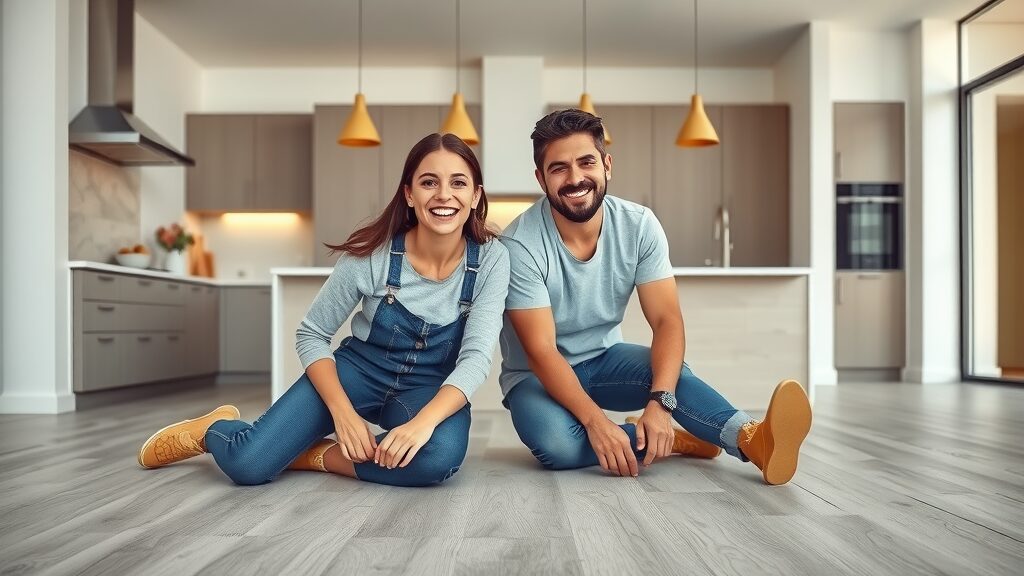 Luxury vinyl plank flooring installation in modern kitchen in Charles County Missouri, cheerful couple