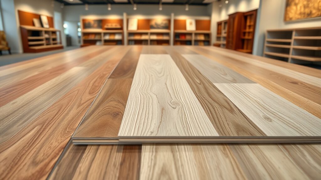 Hardwood, luxury vinyl, and laminate flooring samples in St. Charles Missouri showroom