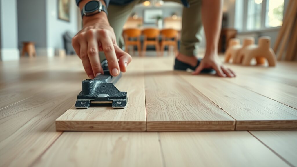 Hands using click-lock to install LVP flooring - lvp flooring installation missouri