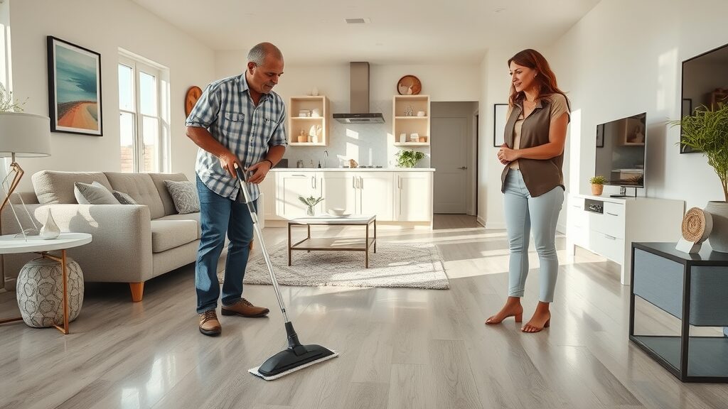 Missouri family room vinyl plank flooring maintenance – local expert demonstrates mopping to engaged homeowner