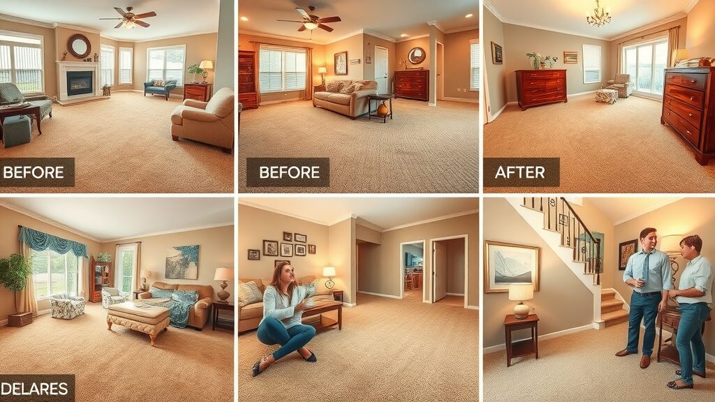 Collage of residential carpet installations in Saint Charles homes, various room views and textures
