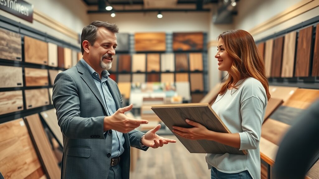 flooring store st. charles, expert points out luxury vinyl flooring options to customers