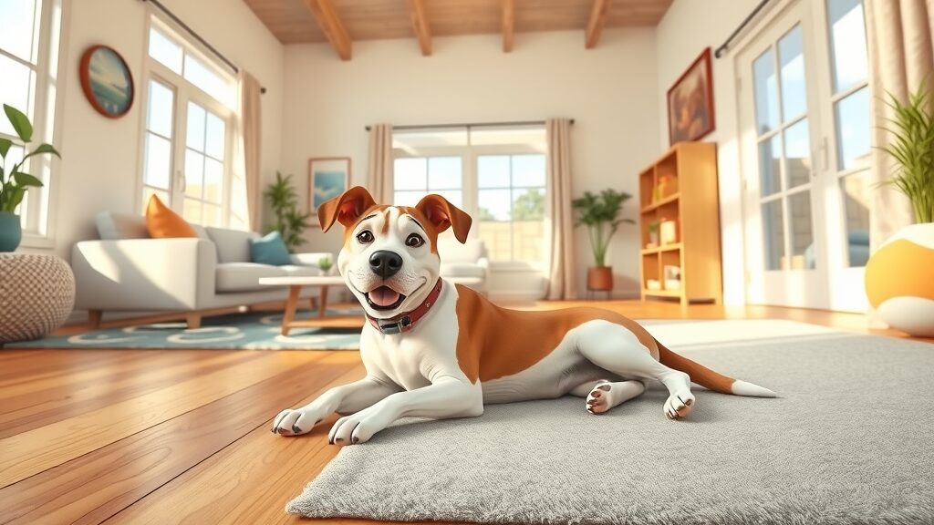 Pet-friendly St. Charles family room, hardwood floor, carpet and area rugs, dog lying happily