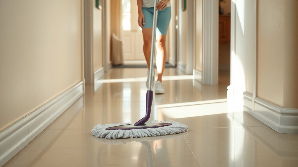 Homeowner using microfiber mop on glossy tile flooring - expert flooring care routine