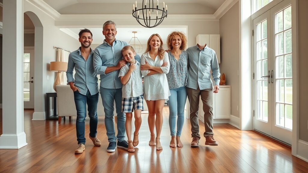 Happy Lake St. Charles family on newly installed hardwood floor - flooring installation success story Saint Charles