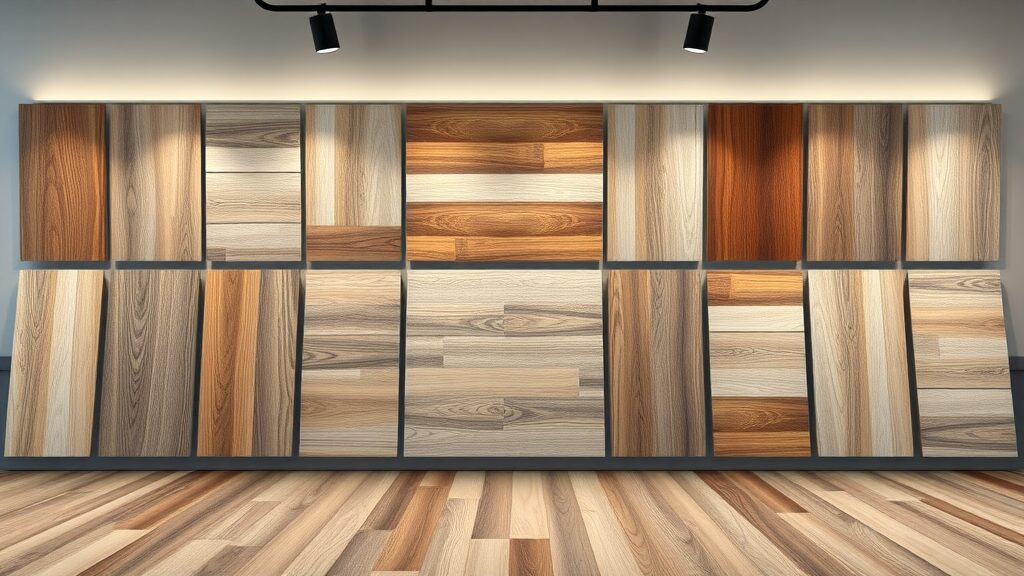 top trending residential vinyl plank flooring Missouri, wood grains, modern finishes, sample display wall