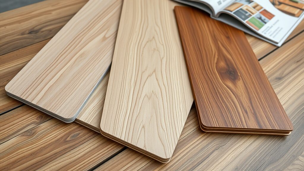 comparison of luxury vinyl plank, standard vinyl plank, and hardwood flooring samples, texture differences, residential vinyl plank flooring Missouri sample table