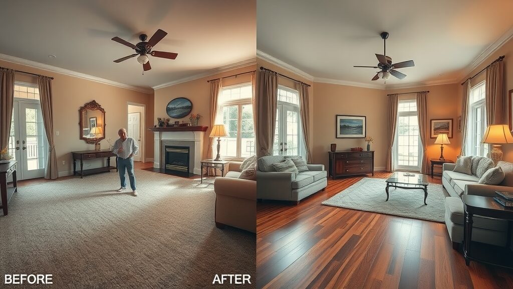 Dramatic before-and-after of St. Charles MO living room, showing outdated carpet replaced with elegant hardwood floors