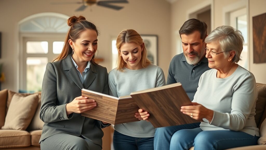 Family and consultant reviewing LVP floor samples - lvp flooring installation missouri