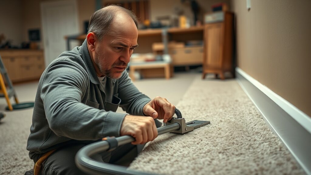 Expert installer in St. Charles MO using stretcher tool on plush carpet installation, focusing on professional process