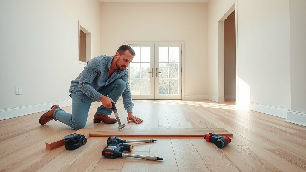 Skilled flooring contractor professionally installing hardwood planks in a bright St. Charles MO home, beautiful wood details, with modern tools neatly arranged