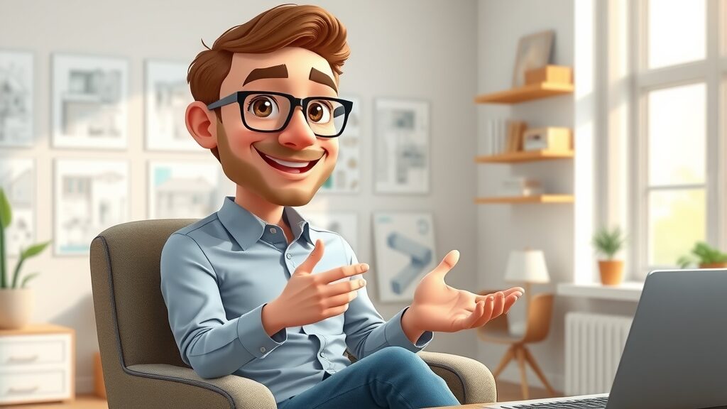 friendly home improvement expert answering carpet vs hardwood questions, in a modern home office