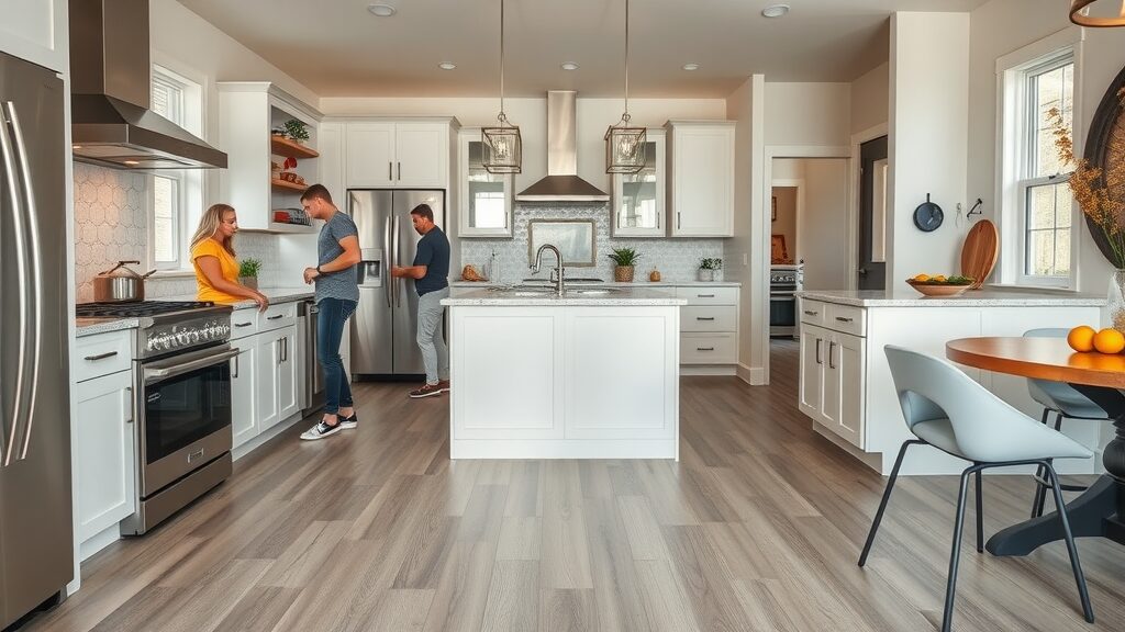 contemporary Missouri kitchen with luxury vinyl plank flooring, bright space, people cooking, sheen on vinyl plank floor