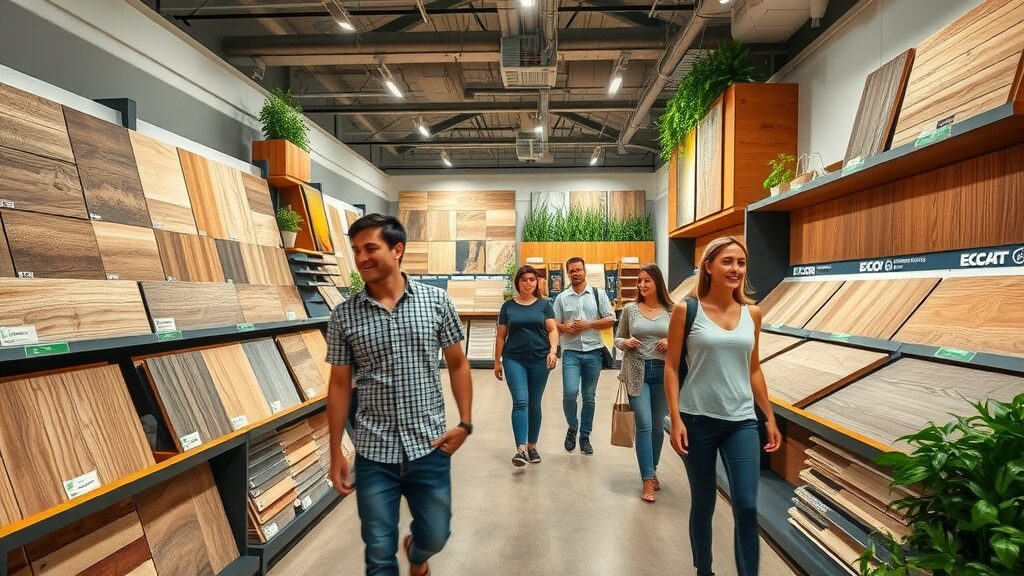 Sustainable flooring showroom with eco-friendly flooring materials, shoppers browsing recycled wood and luxury vinyl