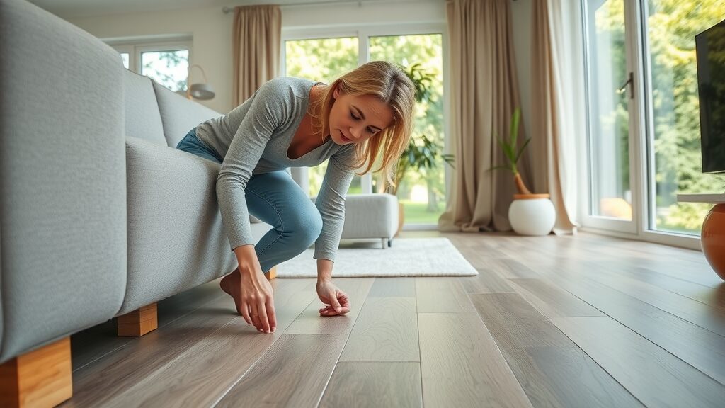 Preventing scratches on vinyl plank flooring Missouri – homeowner placing floor protectors under furniture legs in bright living room
