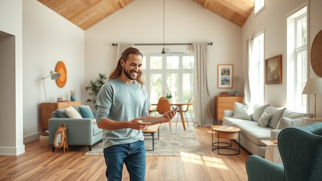 Inviting modern living room with blends flooring and local art, natural wood floors, smiling couple, sunlit open-concept home