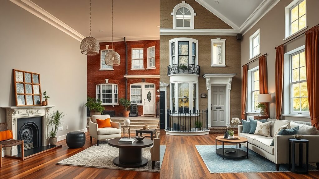 Split view of North American and British homes with regional wood floors and motifs