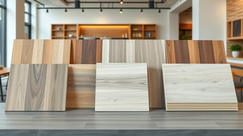 Comparative display of top flooring materials in St. Charles MO including wood, laminate, luxury vinyl, and wall tile samples on a bright showroom table