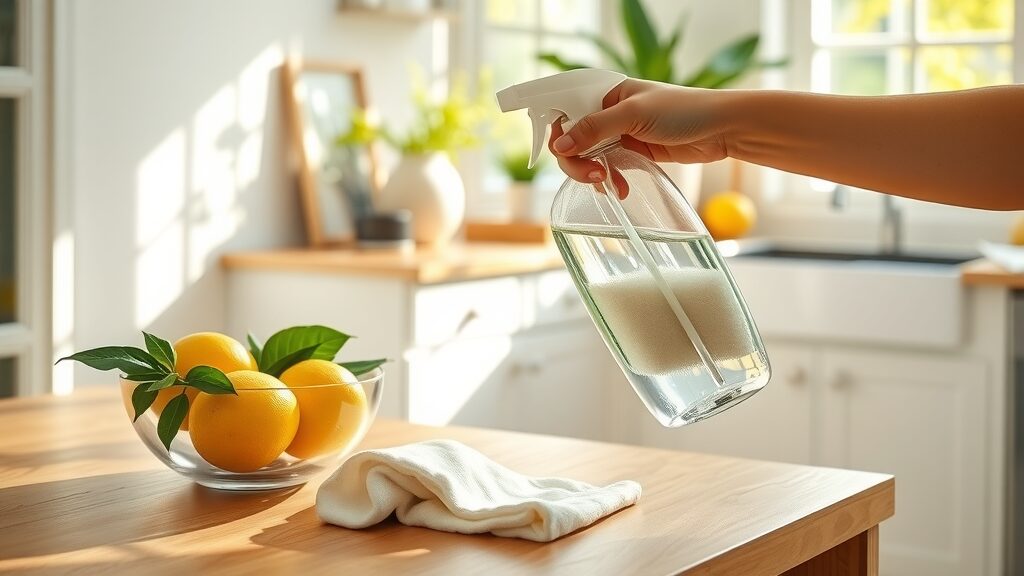 Bright kitchen with hardwood floors, eco-friendly cleaner and lemons, person holding a cloth