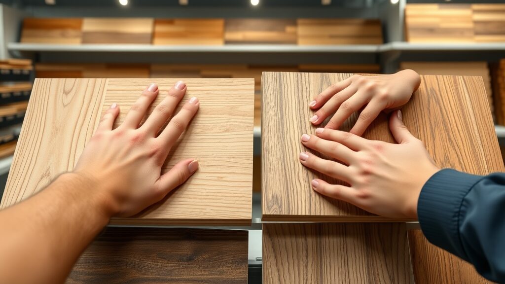 engineered wood flooring vs solid hardwood samples, comparison by hands at st. charles flooring store