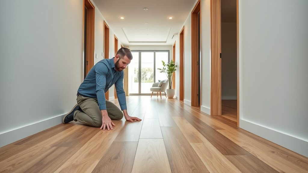 Serene modern hallway with freshly installed bamboo flooring, installer placing planks, eco-friendly bamboo floor option