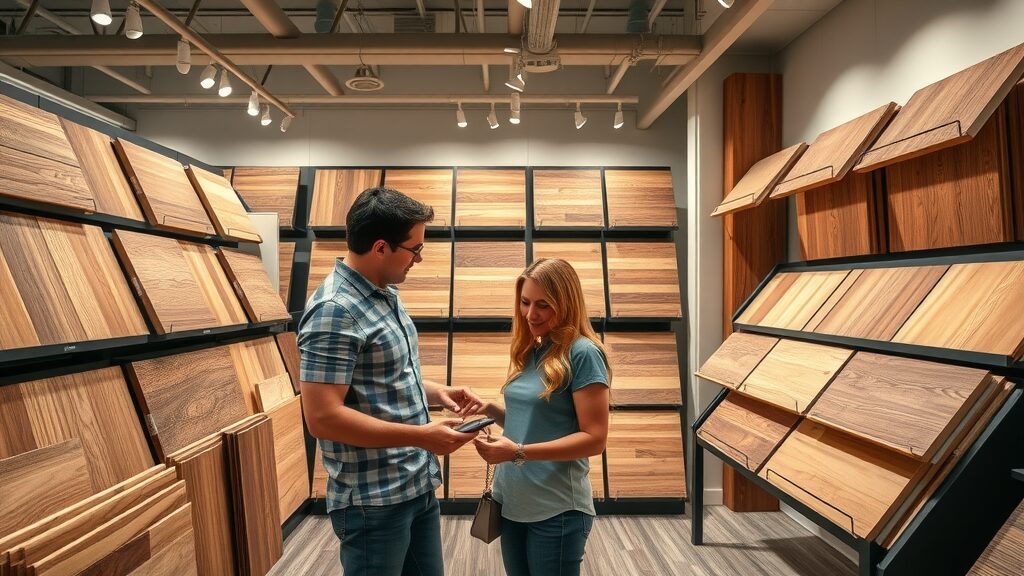 Modern flooring showroom in St. Charles MO displaying a range of hardwood floor samples with a couple examining different wood finishes, including oak, maple, engineered wood. Wood floor options for St. Charles MO homes.