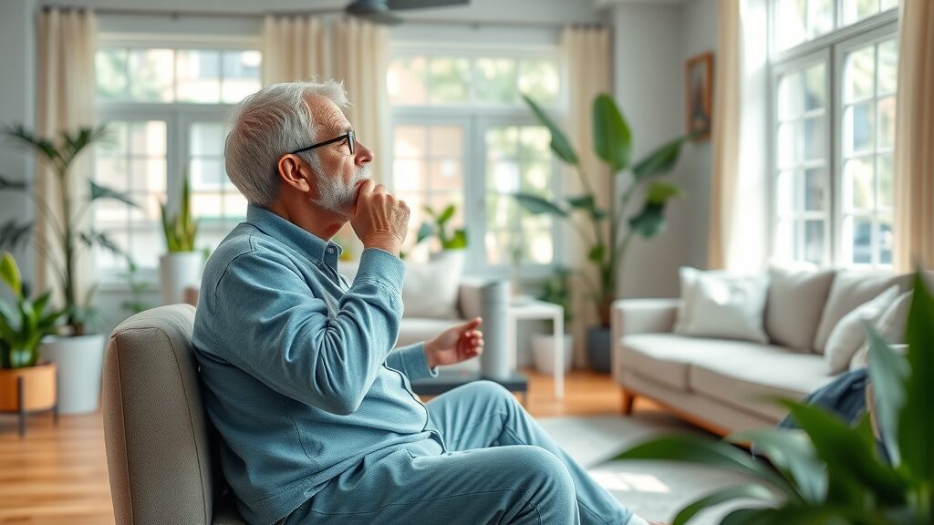 modern living room with hardwood flooring, allergy sufferer with air purifier, illustrating benefits for indoor air quality