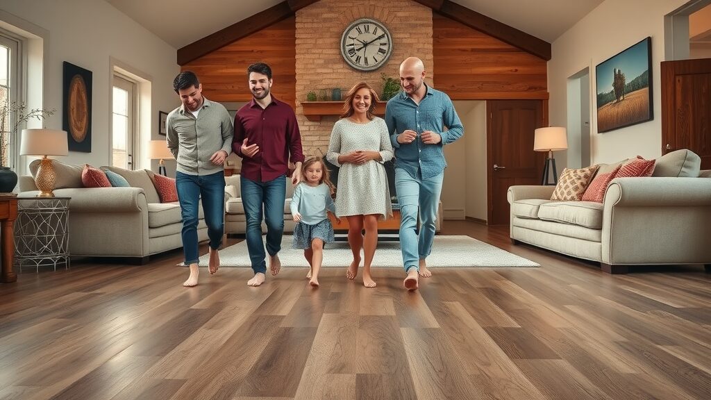 Warm Missouri living space with luxury vinyl plank flooring, family walking barefoot, rustic wood accents, earthy tones, photorealistic