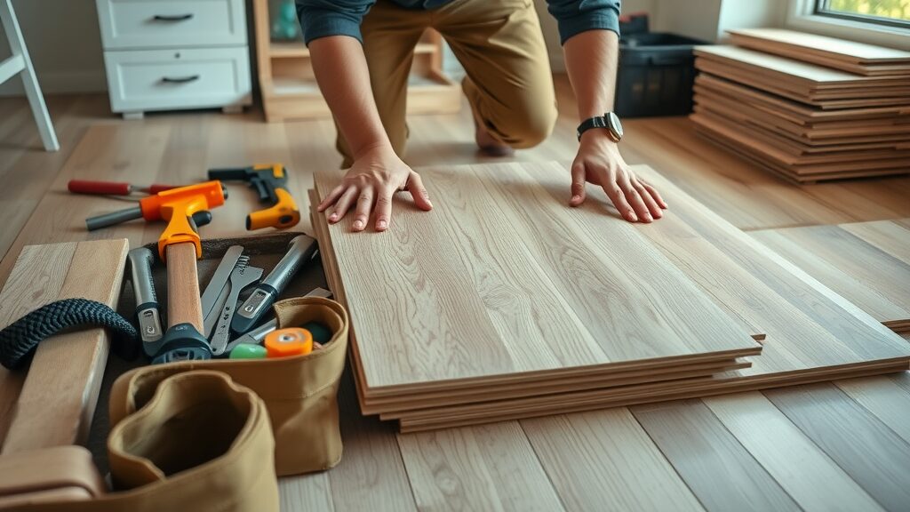 Toolkit and LVP flooring materials prepared for install - lvp flooring installation missouri