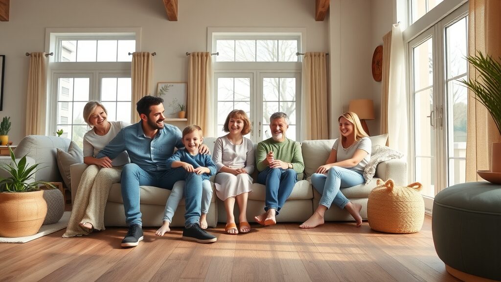 inviting modern Missouri family living room with smiling family enjoying new residential vinyl plank flooring Missouri, cozy residential living space, natural wood grain floor texture, daylight through windows