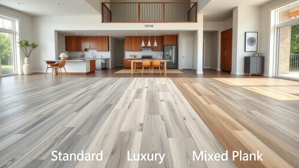 comparison of three types of vinyl plank flooring (standard, luxury, and mixed plank) in a modern Missouri home interior, luxury vinyl plank flooring styles missouri