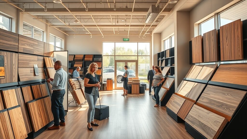 Inviting showroom displaying hardwood and laminate flooring samples, hardwood vs laminate flooring, detailed wood grains and gloss