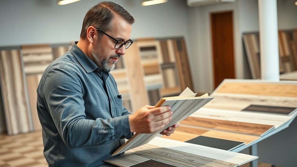 designer comparing commercial vinyl plank flooring, LVP floors, and luxury vinyl samples for Missouri businesses