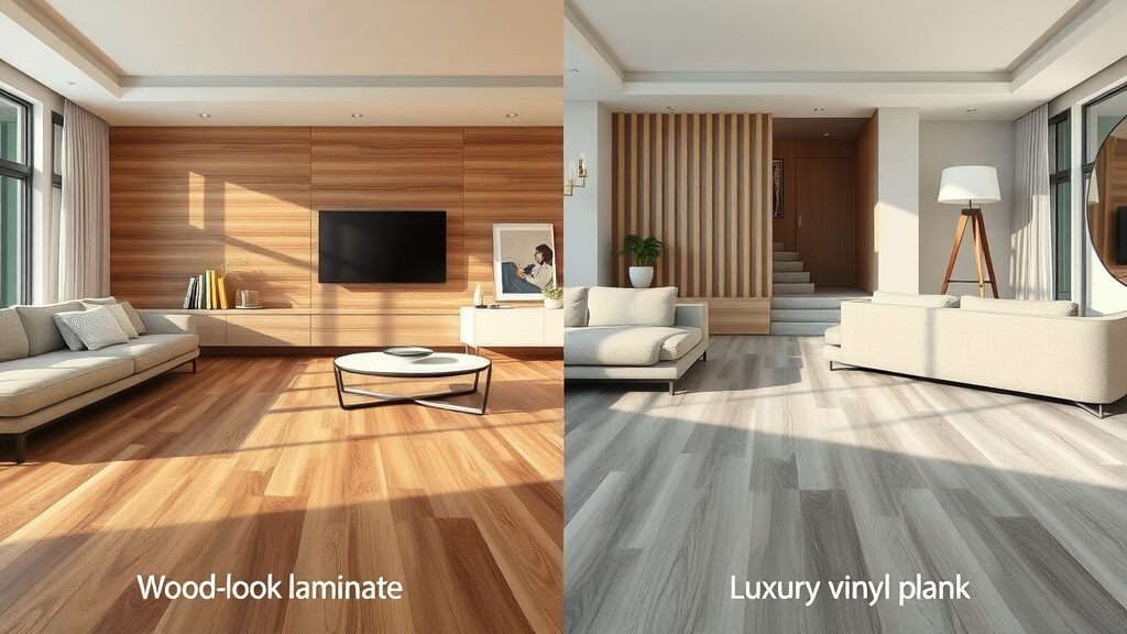 comparison of laminate and luxury vinyl plank flooring in modern living rooms, clear color grain, flooring trends 2025.