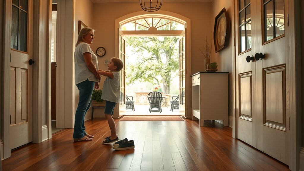 warm Southern home with engineered hardwood floors, regional flooring preferences, sunlit entryway, cozy and detailed