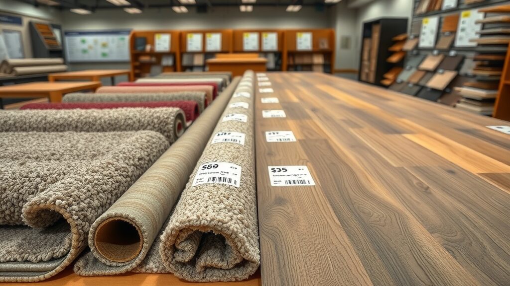 contractor table with carpet rolls and hardwood planks, price tags indicating cost comparison