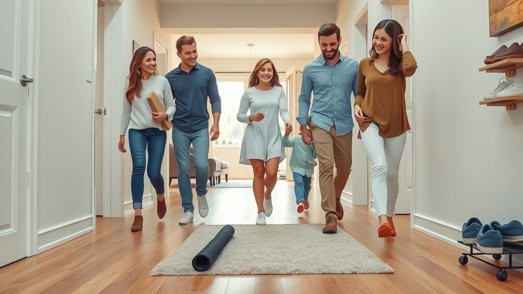 Modern clean hallway with hardwood floors, family removing shoes and rolling out rug