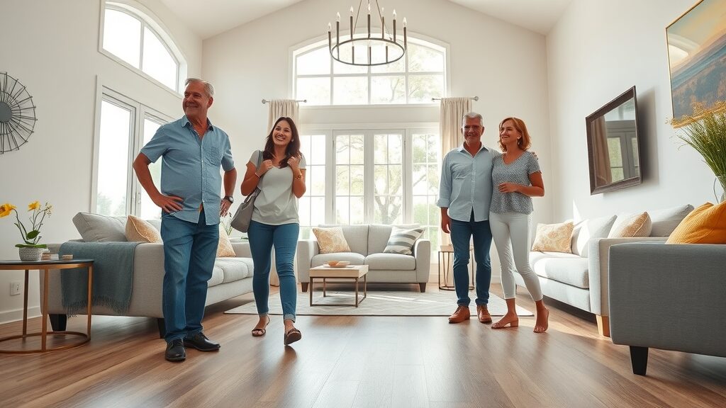Flooring options St. Charles Missouri bright living room with luxury vinyl flooring, delighted homeowners, stylish decor